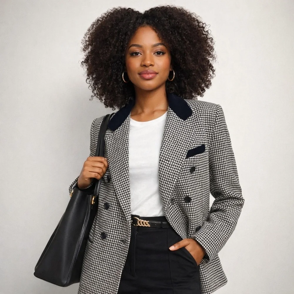 Vintage Womens Houndstooth Double Breasted Blazer Sz L Preppy Old Money Velvet - Picture 1 of 8